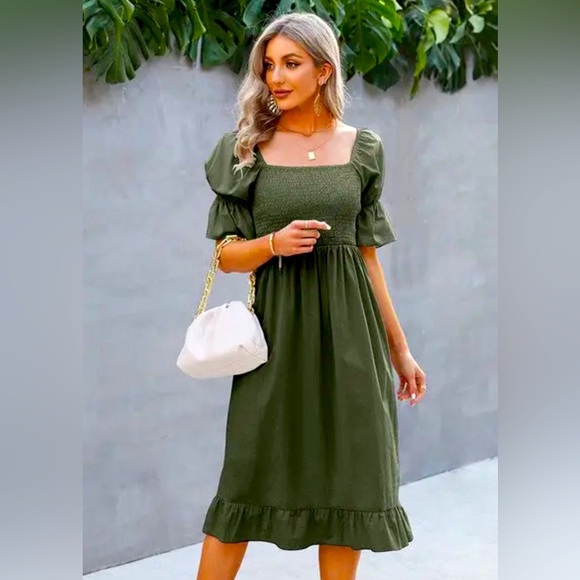 NWT S-XL Cotton Square Neck Short Sleeve Solid green knee length Dress - Picture 1 of 2